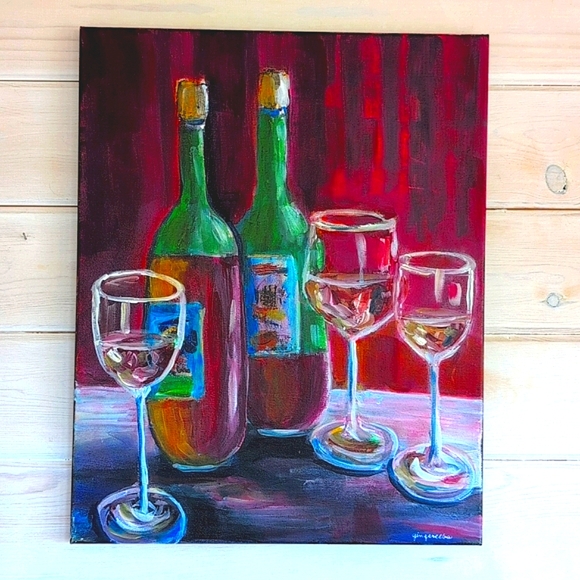 Wine Art On Canvas Signed 16" X 20" Original Acrylic Hand Painted New Still Life - Picture 1 of 10